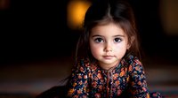 Young girl with expressive brown eyes wearing floral pattern dress, looking directly at camera against dark moody background. Dramatic portrait lighting.