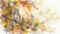 Small owl perched on pine branch with autumn leaves in warm watercolor style for nature and wildlife themed designs.