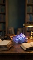 Purple amethyst crystal cluster on vintage wooden desk with antique books and brass lamp in old library setting for mystical study and spiritual practices.