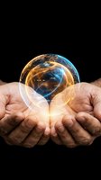 Hands holding glowing crystal globe with digital world map and network connections, symbolizing global business, technology innovation, and international communication for corporate and digital projects.