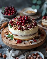 Homemade cheesecake topped with fresh cherries, walnuts and chocolate crumbs on wooden board. Rustic food styling with natural ingredients and moody lighting.