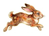 Leaping rabbit with golden floral patterns in warm tones, isolated on transparent background, ready for stickers, T-shirts, print on demand, and sublimation.
