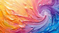 Vibrant fluid art with swirling yellow, pink, purple, and blue colors creating a dynamic abstract pattern with small bubble details.