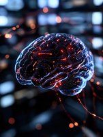Glowing neural network in shape of human brain with red light paths and connections on dark background, representing artificial intelligence and machine learning.