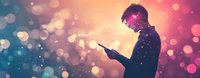 Silhouette of young man using smartphone in magical atmosphere with glowing bokeh lights and particles in pink and turquoise colors.