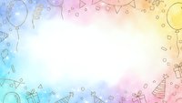 Colorful watercolor birthday party background with balloons, gifts, confetti and bunting flags creating festive celebration frame with copy space.