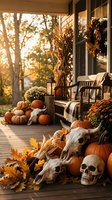 Cozy autumn porch decorated with orange pumpkins, corn stalks, animal skulls, mums and fall leaves creating spooky Halloween atmosphere at sunset.