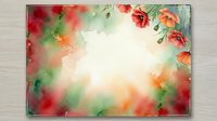 Watercolor floral frame with red orange flowers and green leaves on soft gradient background for spring summer design projects and decorations.