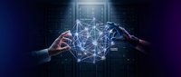 Two hands reaching toward glowing network connections with digital interface elements on dark tech background for business innovation concepts.