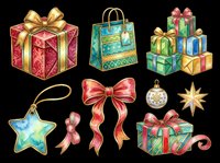 Watercolor Christmas gift set with boxes, bows, shopping bag, star tag, and ornament, isolated on transparent background. Great for stickers, T-shirts, and print on demand.