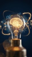 Glowing light bulb with brain filament surrounded by digital circuits and gears representing innovation, creativity, artificial intelligence and bright ideas.