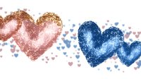 Sparkling rose gold and navy blue hearts with glitter texture floating on white background, surrounded by small scattered heart shapes in matching colors.