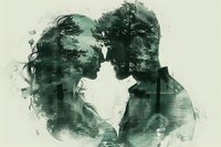 Romantic double exposure silhouette of couple in love merged with misty pine forest landscape in green tones, artistic conceptual composition for wedding design.