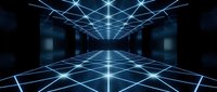 Futuristic dark corridor with glowing blue neon grid lines on floor and ceiling, creating deep perspective and sci-fi tunnel effect.