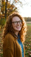 Happy young Caucasian woman with curly red hair and glasses smiling outdoors in autumn park wearing cozy mustard sweater and denim shirt during golden hour.