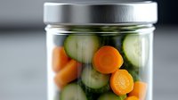 Fresh cucumber slices and baby carrots in glass jar with brine for fermentation and preservation, healthy homemade vegetables on dark background.