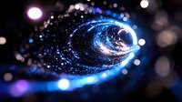 Glowing spiral vortex with blue light particles and bokeh effects on dark background creates cosmic space atmosphere for science and technology designs.