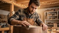 Caucasian male craftsman in apron working with wood in workshop, sanding wooden box under warm string lights, focused on carpentry project in rustic studio space.