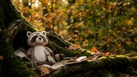 Cute raccoon plush toy sitting on mossy tree branch in autumn forest with golden bokeh background creating magical woodland scene for children decor.