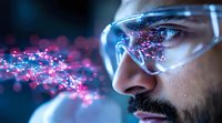 Caucasian man in protective glasses observing glowing pink and blue particle stream visualization, representing data flow and digital transformation in technology.