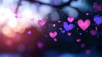 Dreamy pink and purple hearts floating on dark blurred background with bokeh lights and sparkles, romantic atmosphere for Valentine's Day designs and love themes.