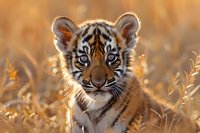 Adorable Bengal tiger cub with bright blue eyes looking directly at camera against golden autumn grass background, wildlife portrait in warm sunlight.
