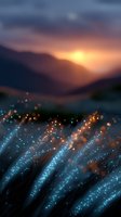 Magical glowing particles dance over dark grass at sunset, with mountains silhouetted against an orange sky creating dreamy atmospheric scene for background designs.