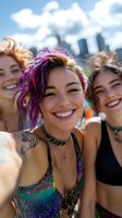 Happy young women with colorful hair taking selfie at outdoor music festival with city skyline background during summer celebration.