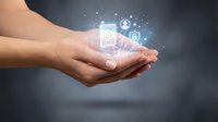 Hand holding glowing digital security lock and data protection icons, representing cybersecurity, privacy, and safe information management for business technology.