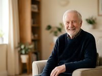 Senior man with white hair and Caucasian ethnicity smiling while sitting on beige sofa in bright living room with plants and natural light for lifestyle and wellness content.