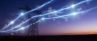 Electric power transmission tower with dramatic lightning bolts and energy beams against purple twilight sky for energy and technology concepts.