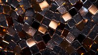 Metallic copper and black mosaic tiles with dramatic lighting creating reflective surface pattern. Geometric luxury background with diagonal arrangement and glowing effects.