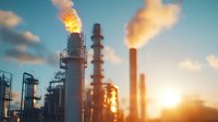 Industrial oil refinery with burning gas flares and smokestacks silhouetted against dramatic sunset sky, highlighting environmental and energy production themes.