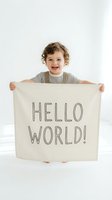 Happy toddler boy with curly hair holding Hello World banner on white background for greeting cards and baby announcements.