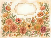 Watercolor floral frame with roses, dahlias, and poppies in warm autumn tones, featuring an empty label for text on beige background.