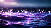 Abstract glowing particles flowing over dark wavy surface with purple and blue bokeh lights creating magical atmospheric background effect.
