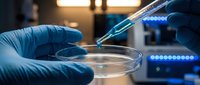 Scientist in blue latex gloves pipetting liquid sample into petri dish in modern laboratory with blue LED equipment and blurred background.