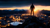 Male hiker silhouette standing on mountain peak at sunset overlooking city lights and mountain ranges. Achievement and adventure concept for motivation.