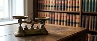 Vintage brass balance scale on wooden desk in traditional law office library with leather-bound legal books creating professional legal workspace atmosphere.