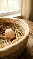 Fresh speckled egg nestled in straw inside woven basket on rustic burlap fabric near sunny window for farm fresh organic cooking and baking concepts.