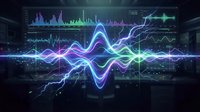 Digital sound wave visualization with electric lightning effects and frequency spectrum display for audio technology and music production applications.