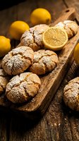 Freshly baked lemon cookies with powdered sugar on rustic wooden cutting board surrounded by whole lemons on dark wood surface for bakery and dessert concepts.