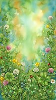 Watercolor meadow with clover, wildflowers, and ladybugs on a soft green background, perfect for greeting cards and spring designs.