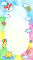 Colorful children frame with airplane, kite, rubber duck and flowers on rainbow watercolor background. Copy space for text or photos in center oval area.