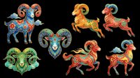 Ornate zodiac ram and goat characters with decorative horns, colorful patterns, and mythical styling isolated on transparent background. Ready for clipart, t-shirt design, stickers, sublimation, and print-on-demand projects.