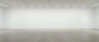Empty white gallery interior with concrete floor and track lighting system for art exhibitions and contemporary displays.