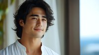 Young man with dark wavy hair and South Asian ethnicity wearing white shirt, smiling confidently indoors near window with blurred ocean view background for lifestyle and portrait use.