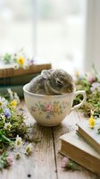 Adorable small rodent resting in vintage floral teacup surrounded by fresh wildflowers and open books on wooden surface for whimsical home decor.