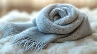 Soft blue knitted scarf with fringe lying on cozy fur blanket, winter fashion accessory for warmth and style in cold weather seasons.