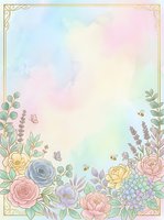 Pastel watercolor floral frame with roses, lavender, bees, and butterflies on a soft rainbow background with gold border for cards.